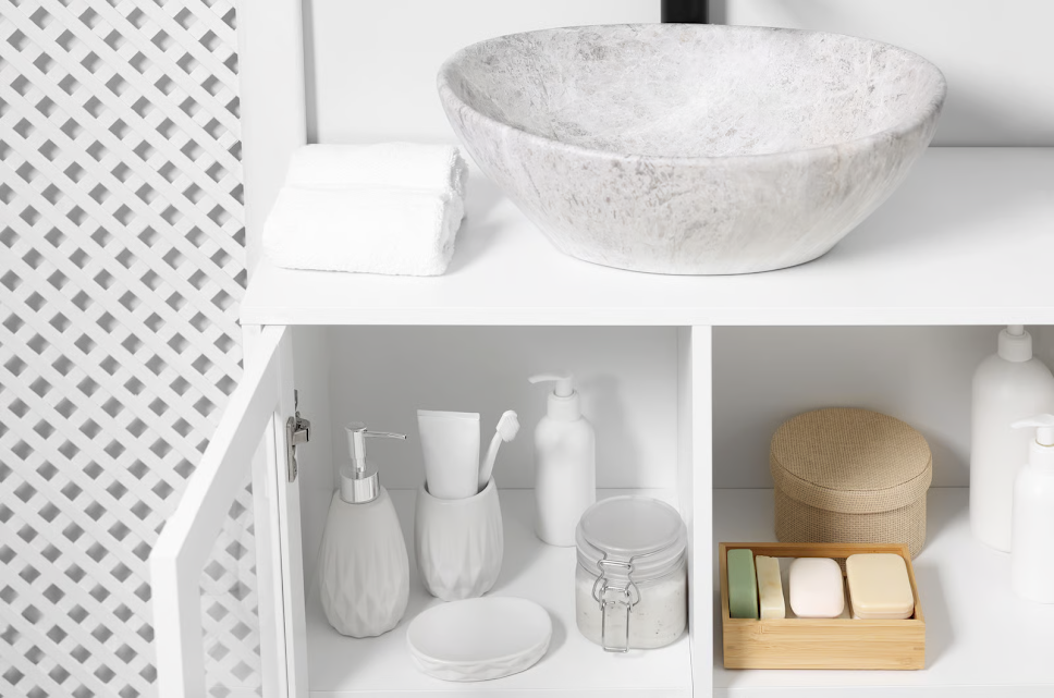 bathroom vanity with cabinets and countertop storage